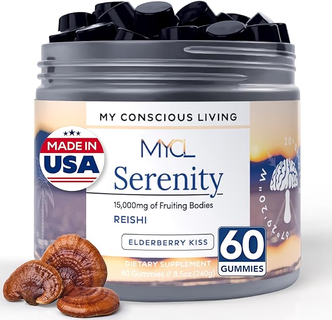 MYCL Serenity Reishi Mushroom Gummies for Adults - 500mg Whole Fruiting Body Extract - Sleep Gummies for Adults and Kids - Vegan, Gluten-Free - Stress Relief, Relaxation - Elderberry Kiss, 60 Count
