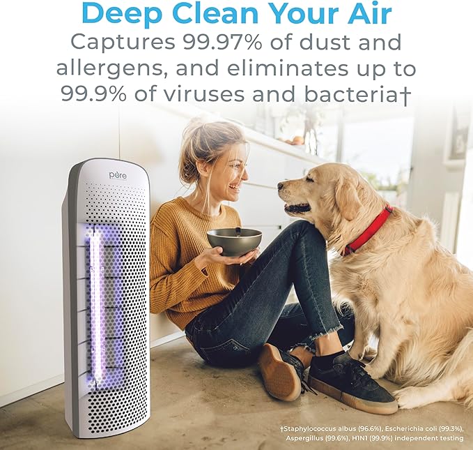 Pure Enrichment PureZone Elite True HEPA Large Room Tower Air Purifier with Air Quality Monitor, 4 Stage Filtration and UV-C Light, Helps Destroy Bacteria, Smoke, Pollen & Dust (White)