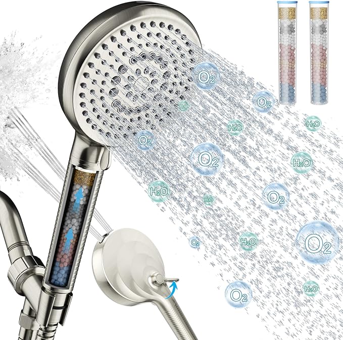 Filtered Shower Head with Handheld, 10 Spray Mode High Pressure Shower Head with Filters, Shower Filter Head for Hard Water, Powerful Spray for Cleaning, 2 Replaceable Filters Included, Brushed