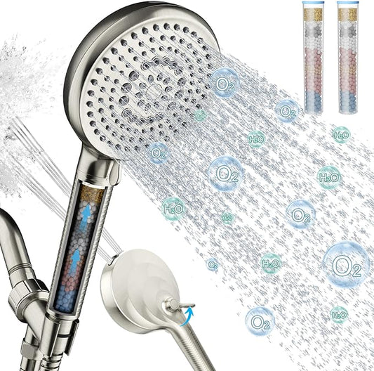 Filtered Shower Head with Handheld, 10 Spray Mode High Pressure Shower Head with Filters, Shower Filter Head for Hard Water, Powerful Spray for Cleaning, 2 Replaceable Filters Included, Brushed