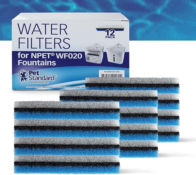 PET STANDARD Premium Water Filter Compatible with NPET® WF020 Water Fountain. Rectangular-Shaped, Washable Pet Fountain Filters with Triple Filtration System, Pack of 12