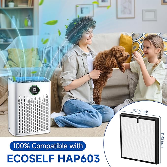 2 Pack HAP-603/HAP-603WF Replacement Filter Fit for ECOSELF Air Purifier Filter Replacement for ECOSELF HAP603 / HAP603WF Air Purifier, for Home Large Room with Smart Mode, # RFHAP603 White