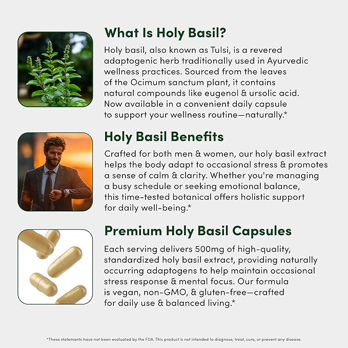 Holy Basil 500 mg - Mood & Relaxation Support - Tulsi Supplements for Women & Men - Vegan, Gluten Free, Dairy Free, Soy Free Non-GMO - 30 Capsules
