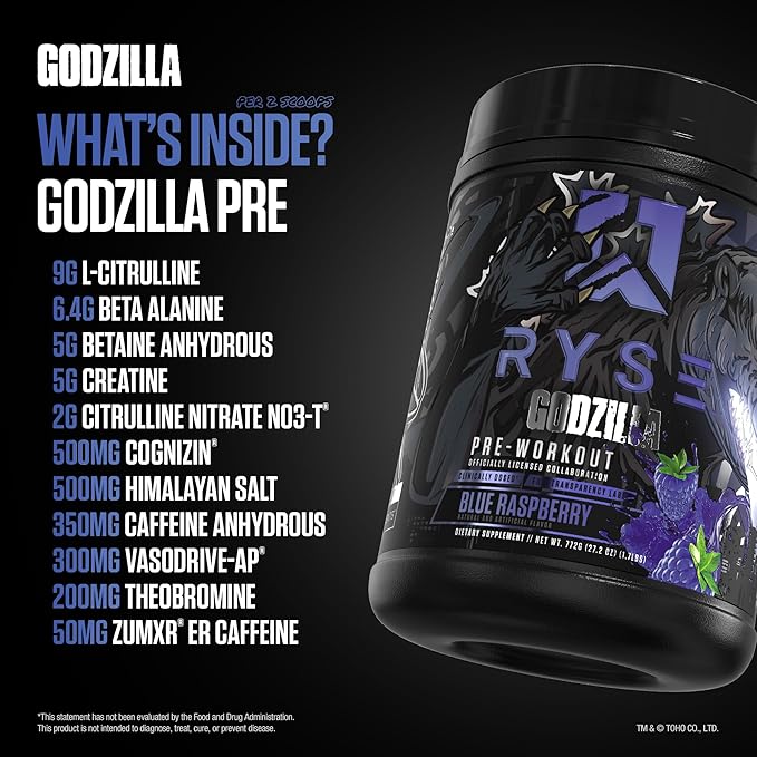 RYSE Godzilla X Noel Deyzel Pre Workout Powder - Blue Raspberry - 400mg Caffeine, High Stim Pre-Workout for Men & Women with Citrulline & Beta Alanine - Energy, Pump & Focus - 20/40 Servings
