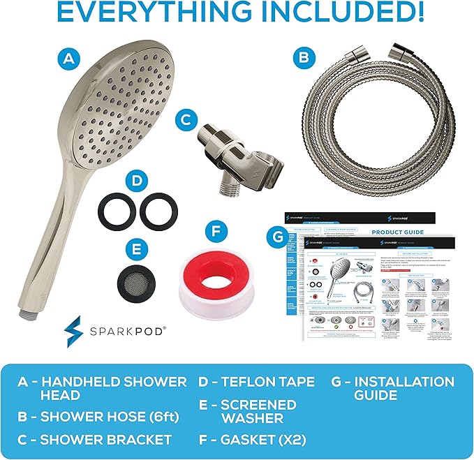 SparkPod 6-Inch High Pressure Handheld Shower Head with Hose - Elegant Brushed Nickel