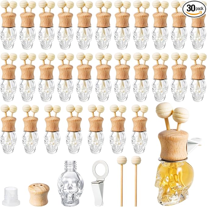 Zubebe 30 Pack Car Air Freshener Diffuser with Vent Clip Empty Car Diffuser Bottles for Essential Oil Perfume Glass Bottle with Wooden Caps Stick(Skull)