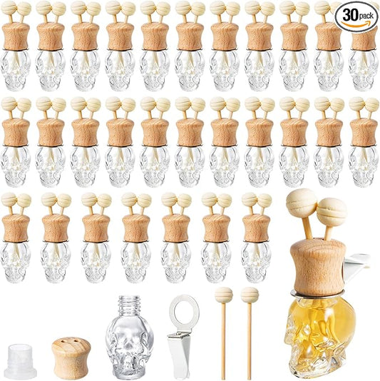 Zubebe 30 Pack Car Air Freshener Diffuser with Vent Clip Empty Car Diffuser Bottles for Essential Oil Perfume Glass Bottle with Wooden Caps Stick(Skull)