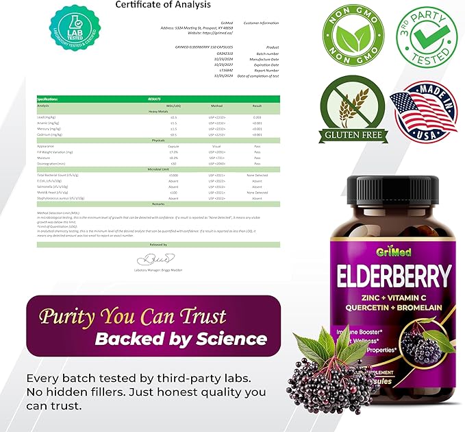 GriMed Elderberry 21,900mg - X15 Power with Zinc, Vitamin C, Quercetin, Bromelain - Immune Booster, Anti-Aging Properties - Made in USA (150 Count (Pack of 1))