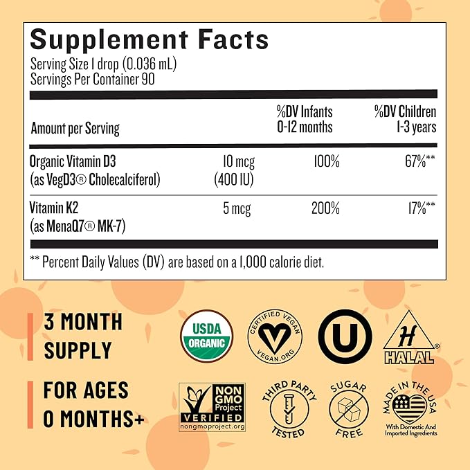 Legendairy Milk Organic Baby Vitamin D3 K2 Liquid Drops, 400 IU of Baby Vitamin D Drops for Infants - Vitamin D for Newborns, Toddlers, and Kids - Vegan, 90 Servings