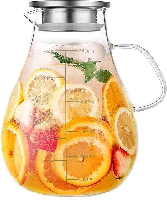Glass Pitcher with Lid,88 Ounces -2500ml with Precise Scale Line, Hot/Cold Water Jug, Juice and Iced Tea Beverage Carafe with Lid