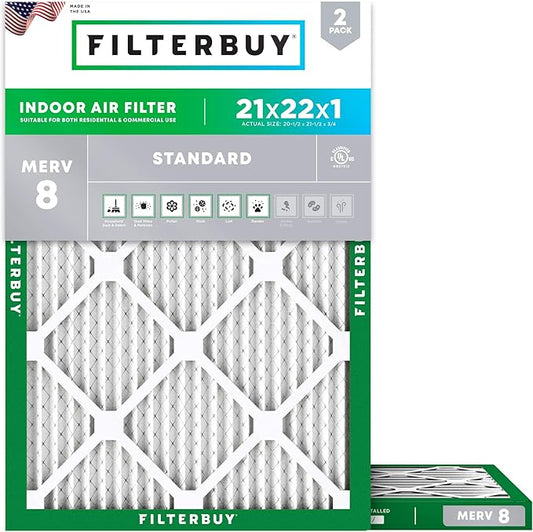 Filterbuy 21x22x1 Air Filter MERV 8 (MPR 700) Dust Defense Replacement (2-Pack), Electrostatic Pleated HVAC AC Furnace Filters, Made in USA (Actual Size: 20.50 x 21.50 x 0.75)