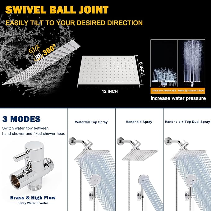 NearMoon Shower Head with Hose, High Pressure Stainless Steel Rain Shower and 3 Settings Handheld Spray Combo with Push Button Flow Control (12 Inch, Chrome Finish)