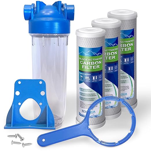 10 Inches European Design Transparent Standard Whole House Water Filter System with Presser Relief Valve, 3/4” Inlet/Outlet Brass Port and Yearly Supply (3) Block Activated Carbon Cartridges 5 Micron