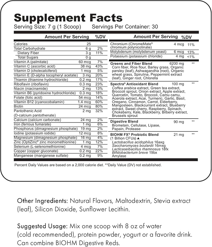 BIOHM Digestive Greens, Green Superfood Powder (7.4 Oz, 30 Servings) Immune & Gut Health Support with Antioxidants, Vitamins, Probiotics & Enzymes, Good Source of Fiber, Berry Flavor