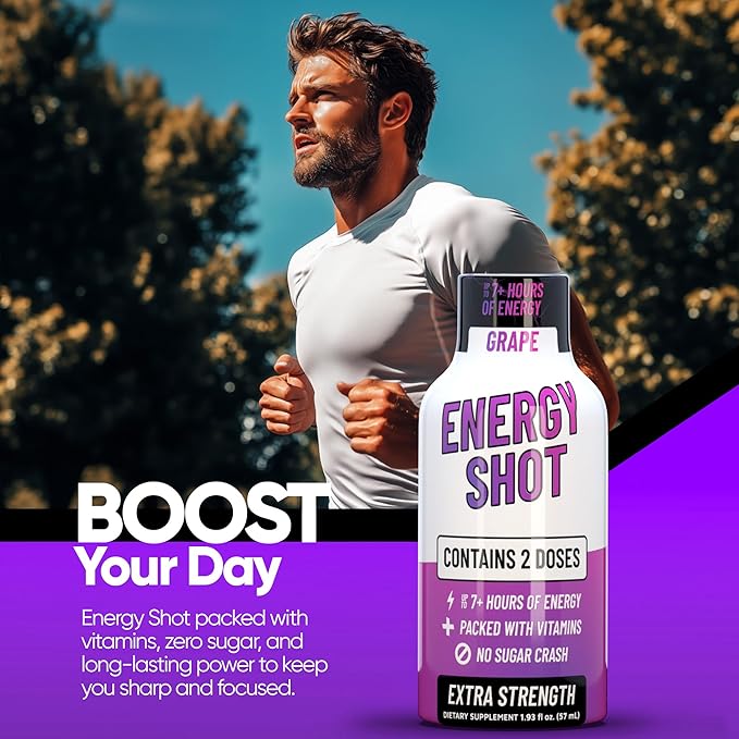 Energy Shot – 2 Servings – 100% DV B-Vitamins & 130mg Plant-Based Caffeine – Zero Calories, Sugar-Free, Vegan, Non-GMO – Energy & Productivity Support (1.93 Fl Oz (Pack of 24), Grape)