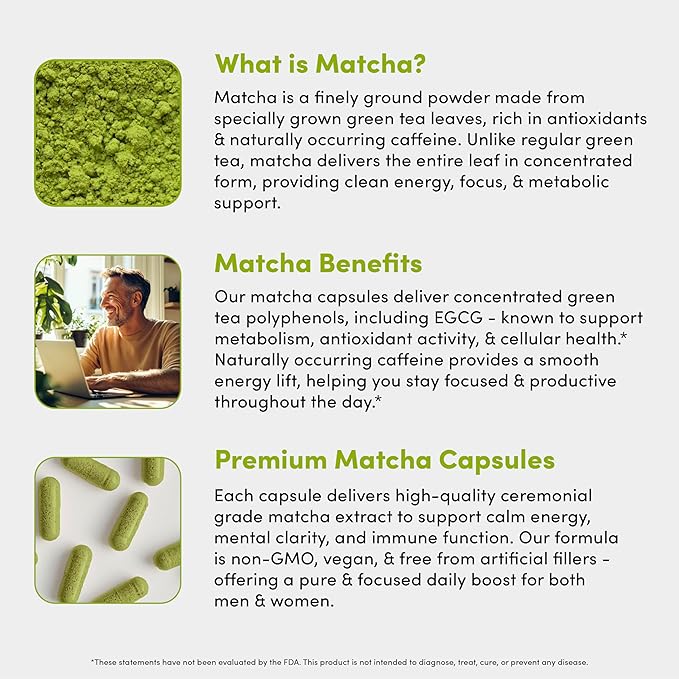 Matcha 1000 mg - Green Tea Powder Supplement for Women & Men - EGCG Matcha Tea Pills - Vegan, Gluten Free, Dairy Free, Non-GMO - 60 Capsules