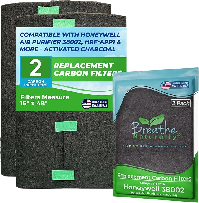 Breathe Naturally Replacement Filters Compatible with Honeywell Air Purifier 38002, HRF-APP1 & More - Activated Charcoal Prefilter - Made in USA - 16" x 48" x 0.2" (Pack of 2 Carbon Prefilters)