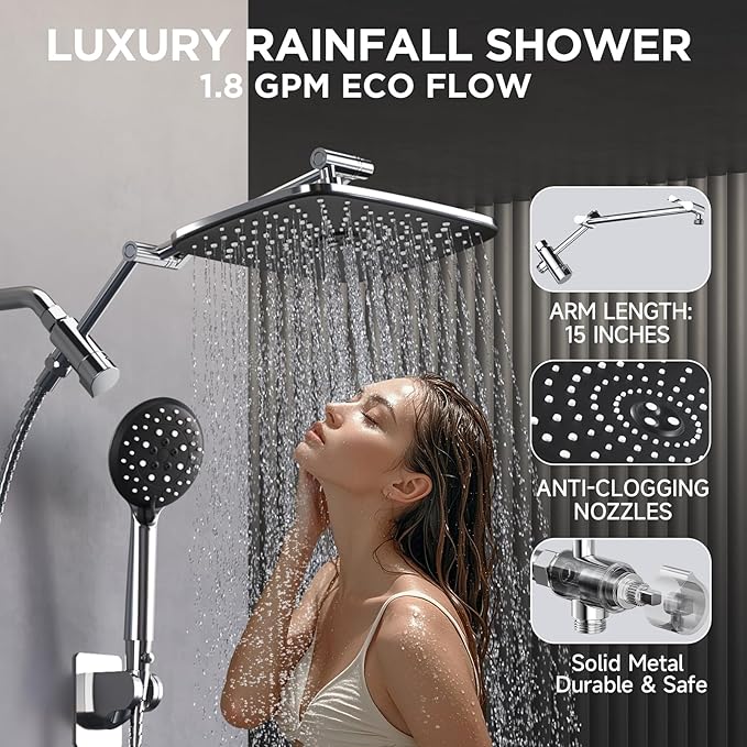 Veken 11.8'' Rain Shower Head with Handheld Spray Combo, Extension Arm for Rainfall Showerhead, Muti-modes Massage High Pressure Hand Held Shower Heads with Hose, Anti-Clog Nozzles & Bathroom(Chrome)