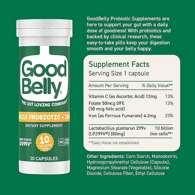 GoodBelly Probiotic Capsules for Digestive Health & Iron Absorption | Vegan Probiotic Supplement with 10 Billion Live Cultures | Probiotics for Women & Men | 30 Capsules