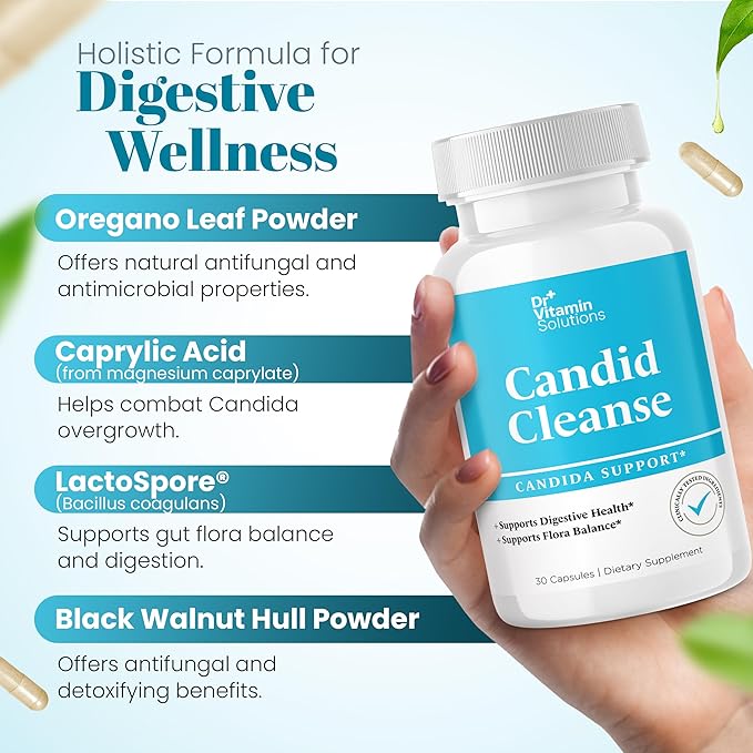 DR VITAMIN SOLUTIONS Candid Cleanse Supplement with GLP-1 Support - Oregano Leaf, Caprylic Acid & LactoSpore | Candida Support Pills for Digestive Health | Candida Cleanse Detox for Women & Men | 30