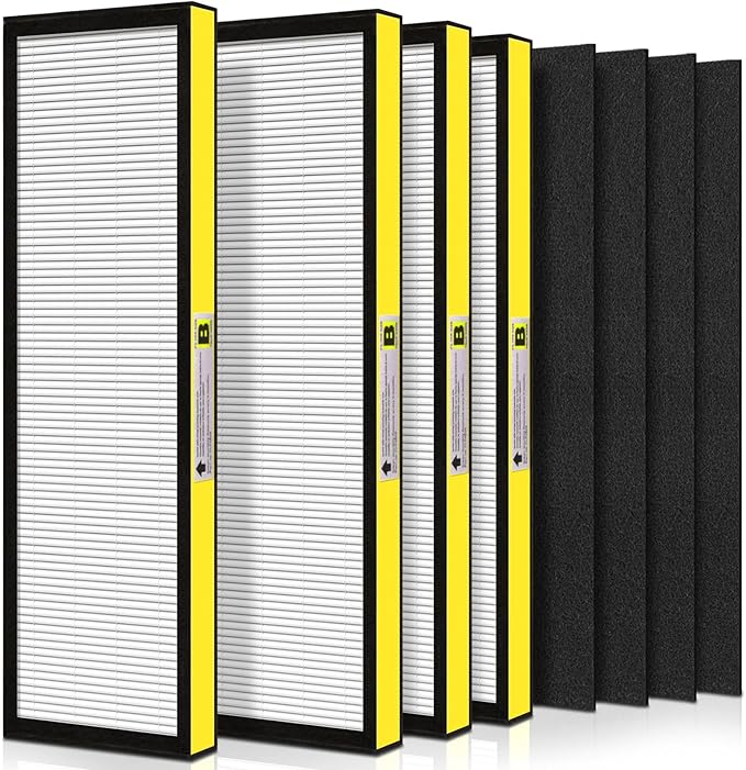 FLT4825 HEPA Filter B Replacement for Germ Guardian Air Purifier Filter Replacement for AC4825 AC4300 AC4800 AC4850 AC4900 Filter Replace, 4 Pack HEPA Filter B + 4 Carbon Pre-Filters