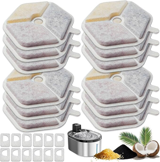12+12 Pcs Cat Water Fountain Filters Replacement Compatible with Smartoo 152oz/4.5L Wireless Cat Fountain, Pet Water Fountain Filter with Pre-Filter Sponges