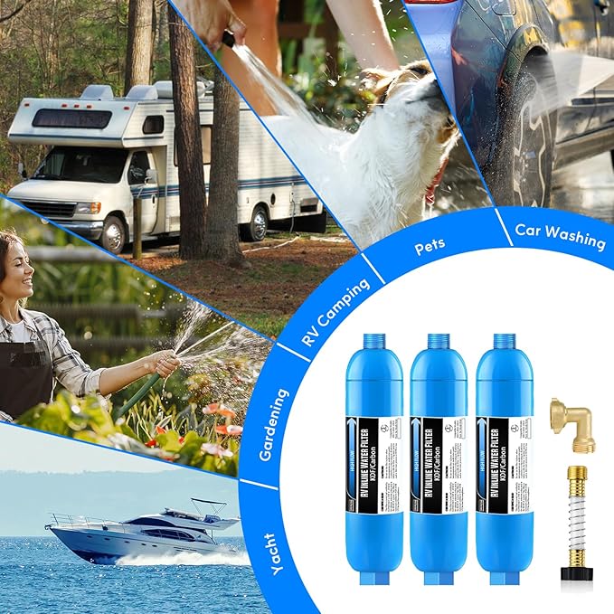 Lifefilter RV Inline Water Filter with Solid Brass 90 Degree Hose Elbow, Eliminates Stress and Strain On RV Water Intake Hose Fittings(3 Pack)