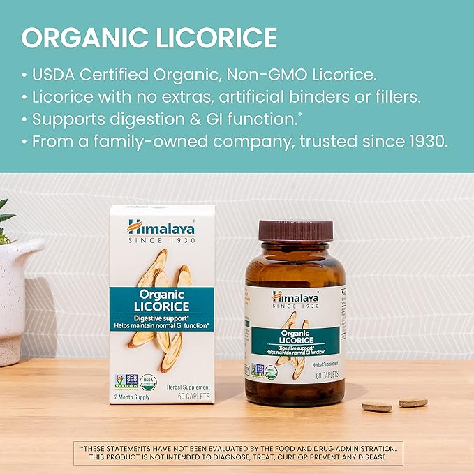 Himalaya Organic Licorice, 120 Day Supply - Digestive Health Supplement for Upset Stomach, Occasional Bloating and Heartburn - USDA Organic, Vegan, Non-GMO, Non-DGL, Gluten Free, 60 Caplets, 2 Pack