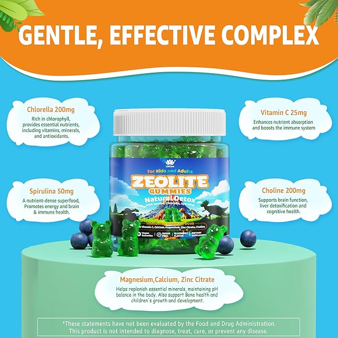 Zeolite Gummies for Kids & Adults, Sugar Free Zeolite Detox Supplements w/ Chlorella, Spirulina, Minerals, Choline - Gentle Body Detox & Cleanse, Gut Health, Immune, Focus, Energy, Bone, Vegan, 60cts