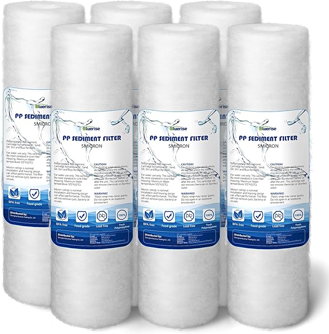 BLUERISE 5 Micron 10" x 2.5" Water Filter Replacement Whole House Sediment Home Water Filter Replacement Cartridge Ro Sediment Filter Fits Any 10" Reverse Osmosis Unit - 6 Pack