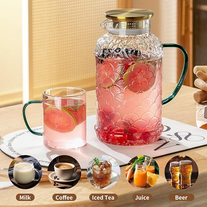 2 PACK Glass Pitcher with Lid,68 oz/2 Liter Fish Scale Design Water Pitcher,Clear Borosilicate Glass Water Carafe for Cold Brew, Coffee, Lemonade, Iced Tea,Heat Resistant Water Glass Jug