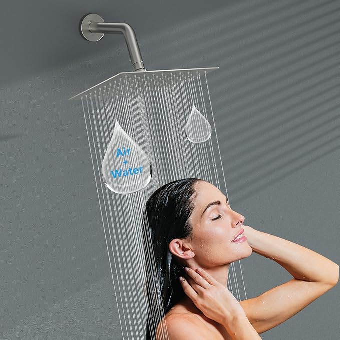 Lordear Rain Shower Head 6 Inch Solid Ultra Thin 304 Stainless Steel Adjustable Square Rainfall Shower Head Waterfall Full Body Coverage with Silicone Nozzle 6” Waterfall Showerhead,Brushed Nickel