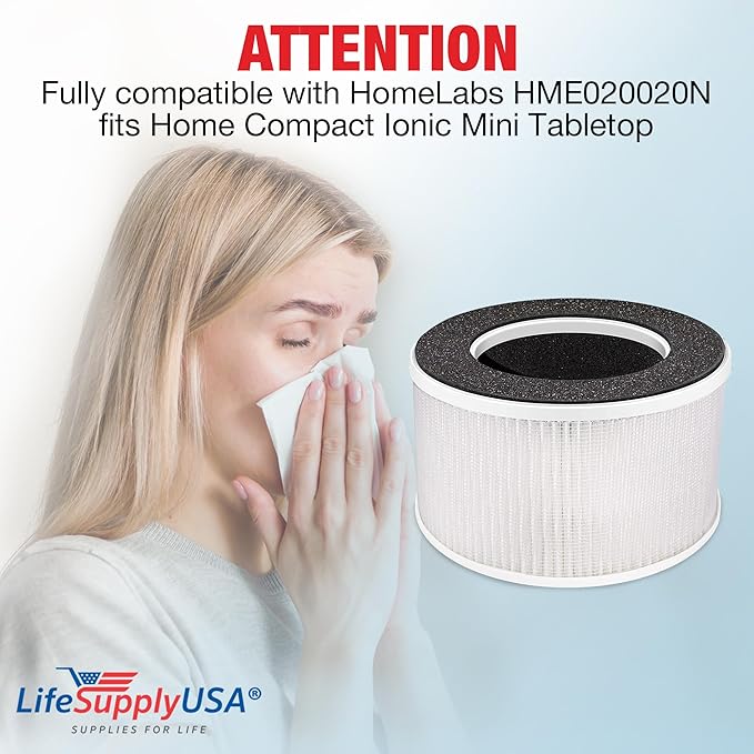 HME020020N 3-in-1 HEPA Filter Replacement Compatible with hOmeLabs Compact Air Purifier - HEPA, Carbon, Pre-Filter by LifeSupplyUSA (1-Pack)