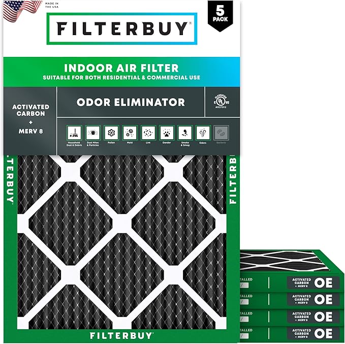 Filterbuy 24x30x1 Air Filter MERV 8 (MPR 700) Odor Eliminator Replacement (5-Pack), Electrostatic Pleated HVAC AC Furnace Filters w/Activated Carbon, Made in USA (Actual Size: 23.88 x 29.88 x 0.75)