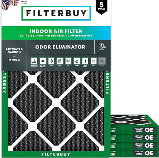 Filterbuy 24x25x1 Air Filter MERV 8 (MPR 700) Odor Eliminator Replacement (5-Pack), Electrostatic Pleated HVAC AC Furnace Filters w/Activated Carbon, Made in USA (Actual Size: 23.88 x 24.88 x 0.75)