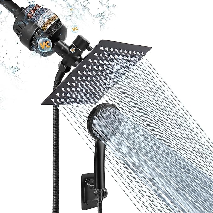 NearMoon Filtered Rain Shower Head, High Pressure 8″Square, and 5 settings Handheld Shower Filter Combo with Self-adhesive Holder/1.5M Hose -1 Replaceable Filter Cartridge (Matte Black)
