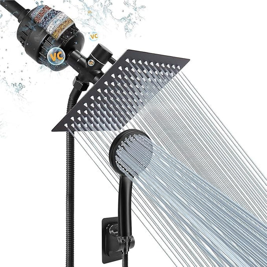 NearMoon Filtered Rain Shower Head, High Pressure 8″Square, and 5 settings Handheld Shower Filter Combo with Self-adhesive Holder/1.5M Hose -1 Replaceable Filter Cartridge (Matte Black)