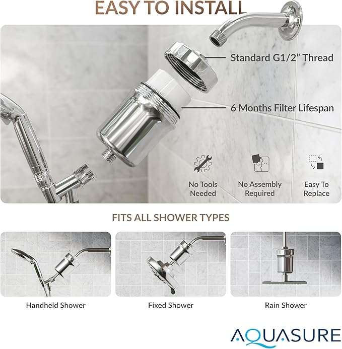 Aquasure 10,000 Gallons High Capacity Shower Filter For Healthier Hair, Skin & Nails | Improves Dry Itchy Skin, Reduce Dandruff, Eczema, Protect Colored Hair (White)