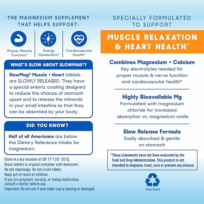 SlowMag Muscle & Heart Magnesium Chloride Supplement with Calcium, 180 Count, Supports Muscle Relaxation, Heart, Nerve & Bone Health, High Absorption (Pack of 2)