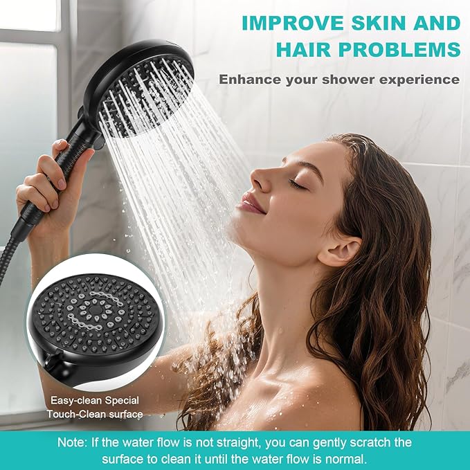Filtered Shower Head with Handheld, 8+2 Modes High Pressure with Multi-Stage Filter Beads for Hard Water - Gentle on Skin & Hair, Long Stainless Steel Hose, Overhead Brackets, G1/2 Universal (Black)