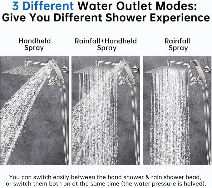 G-Promise All Metal 10 Inches Rainfall Shower Head with Handheld Spray Combo, 3 Settings Diverter, Adjustable Extension Arm with Lock Joints, 71 Inches Stainless Steel Hose (Brushed Nickel)