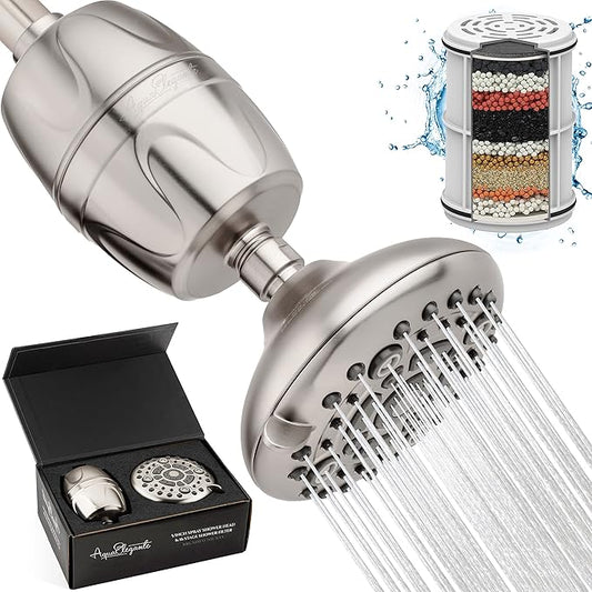 Aqua Elegante High Pressure Shower Head & Filter - Adjustable Water Saving Showerhead For Low Flow Showers With Bath Filters To Remove Chlorine + Hard Minerals, 2.5 GPM - Brushed Nickel