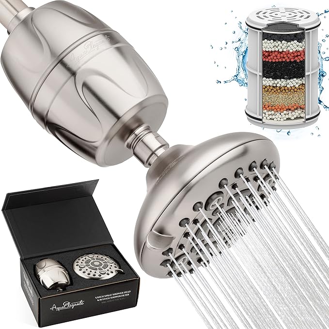 Aqua Elegante High Pressure Shower Head & Filter - Adjustable Water Saving Showerhead With Best Bath Filters To Remove Chlorine + Hard Minerals, 1.8 GPM - Brushed Nickel & California Certified