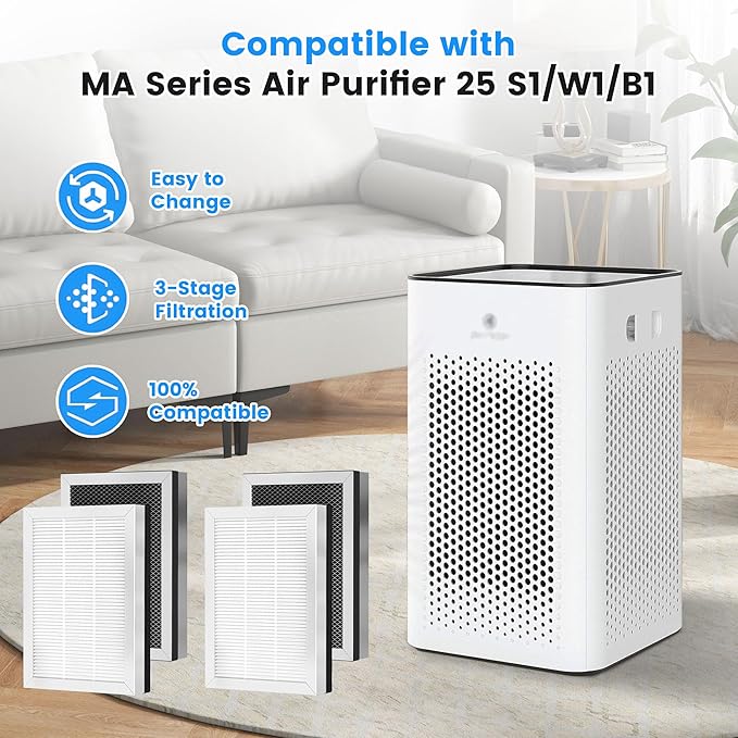 MA 25 Replacement Filter for MA-25 Air Purifier S1/W1/B1, 3-in-1 High-Efficiency Filtration System, H13 True HEPA Filter and Activated Carbon Filter, 4 Pack