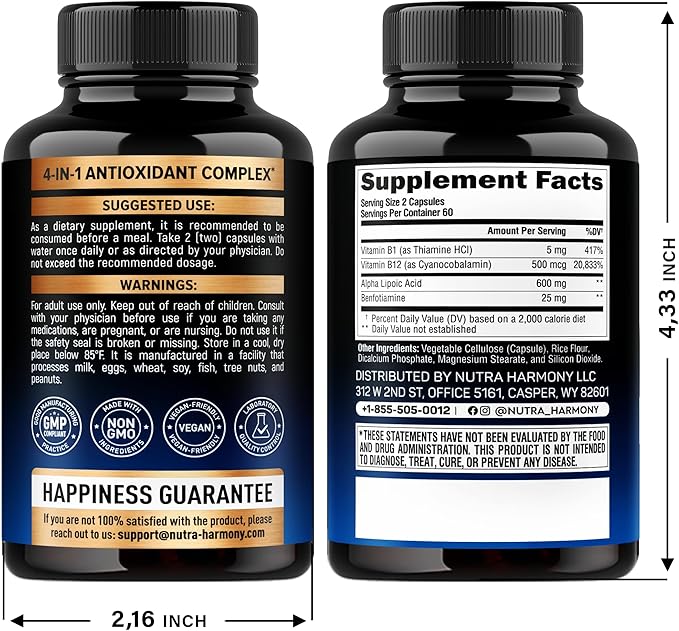 Alpha Lipoic Acid 600mg - ALA Supplement Antioxidant for Nerve, Energy & Metabolism Support - Extra Strength with Benfotiamine, B1 & B12 - Lab Tested, Non-GMO & Vegan - 120 Capsules, 2 Month Supply
