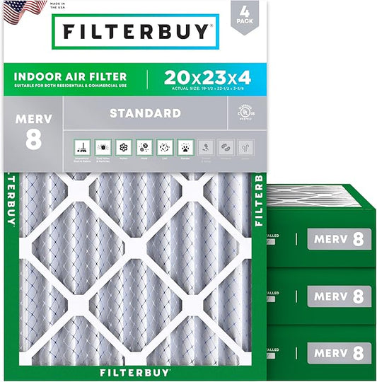 Filterbuy 20x23x4 Air Filter MERV 8 (MPR 700) Dust Defense Replacement (4-Pack), Electrostatic Pleated HVAC AC Furnace Filters, Made in USA (Actual Size: 19.50 x 22.50 x 3.63)