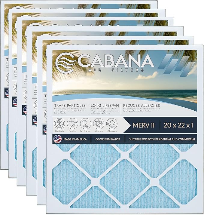 Cabana Filters 20x22x1 AC Furnace Air Filter, Merv 11 Capture Unwanted Particles, Pleated Furnace Filter HVAC AC Filters - Made in the USA - 6 Pack