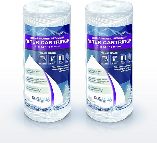 High Capacity Wound String 5 Micron Sediment Water Filter Cartridge 10” x 4.5” Removes Sand, Dirt, Silt, Rust, Extended Filter Life Compatible with 355215-45, 84637, PC10, WP1097P, WPX597P (2 Pack)