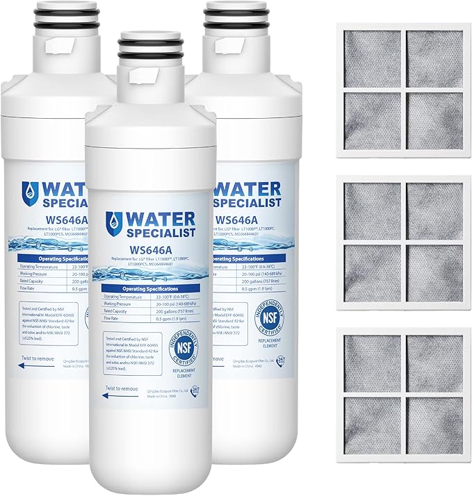Waterspecialist Replacement for LG® LT1000P®, LT1000PC, ADQ747935, LFCC22426S, LRFXS2503S, LMWS27626S, LRDCS2603S, 6 Month 200 Gallon Refrigerator Water Filter and LT120F® Air Filter, 3 Combo