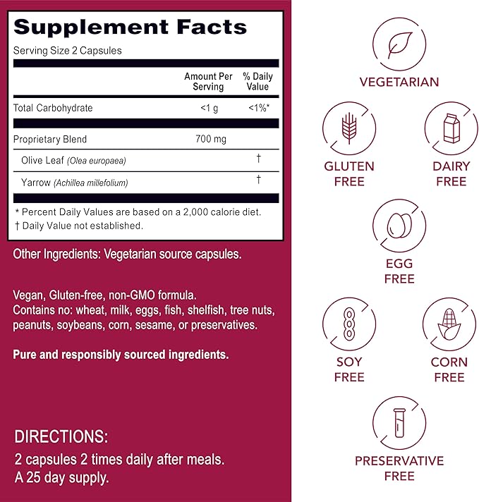 Kroeger Herbs, Olive Leaf Extract Capsules for Immune System, Olive Leaf & Yarrow Supplement, Vegetarian, Non-GMO, Gluten Free, No Preservatives - 100 Capsules, Made in USA